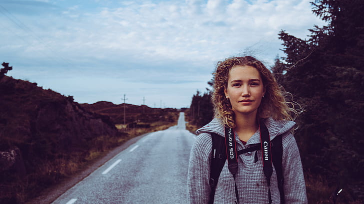 norwegian, blonde, curly hair, road, Norway, women outdoors, HD wallpaper