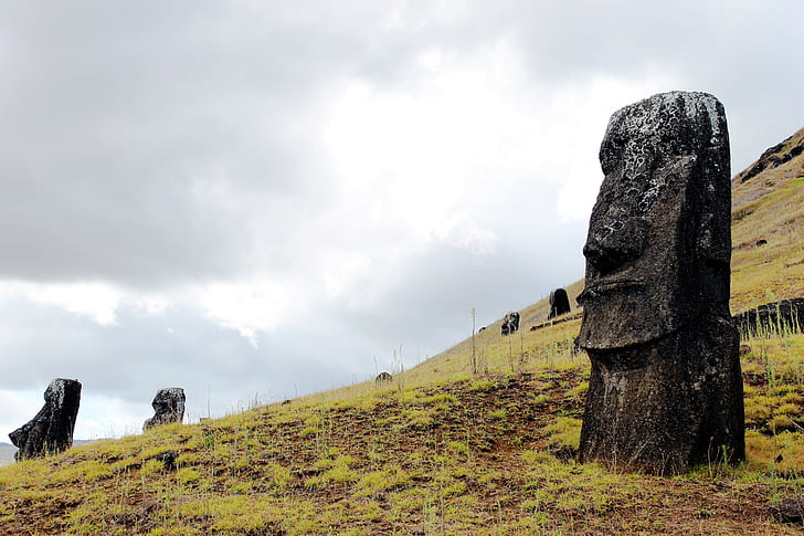 moai rano raraku easter island isla de pascua sculpture, sky, HD wallpaper