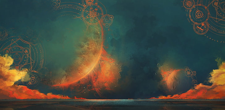 orange and teal sky, magic circle, water, nature, smoke - physical structure