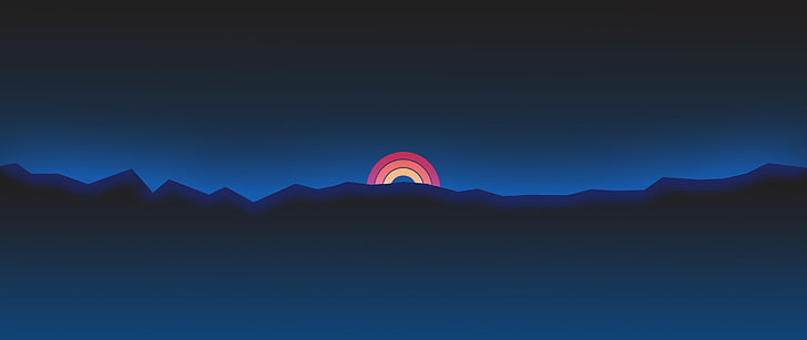 minimalism, ultra-wide, sunset, Retro style, mountains, neon