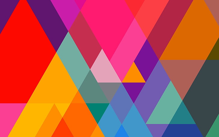 blue, pink, orange, and green wallpaper, abstract, triangle, colorful, HD wallpaper