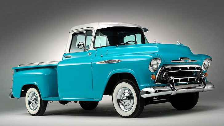 teal and white single cab pickup truck, car, mode of transportation