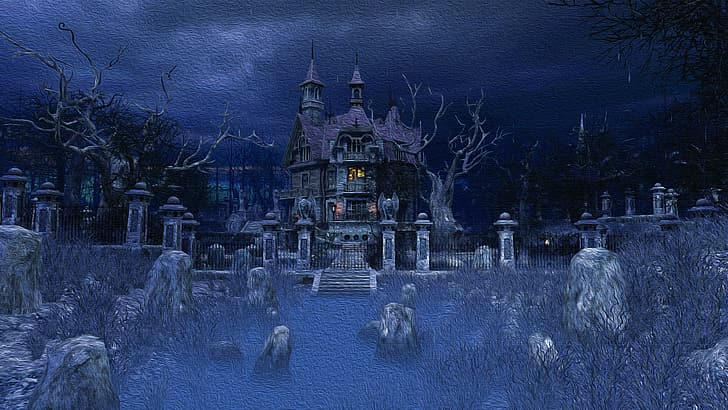 Haunted Mansion, spooky, night, painting, HD wallpaper