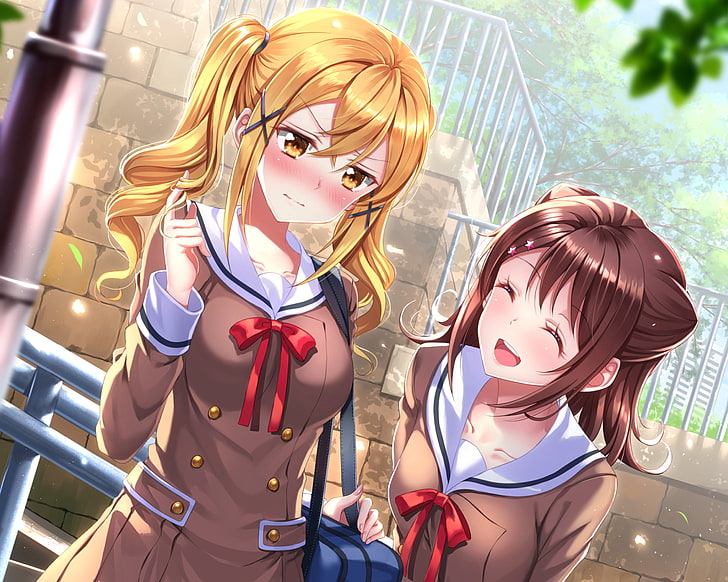 anime girls, shy expression, school uniform, blonde, smiling
