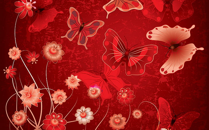 Abstract butterflies, white-brown-and-red floral and butterflies illustration, HD wallpaper