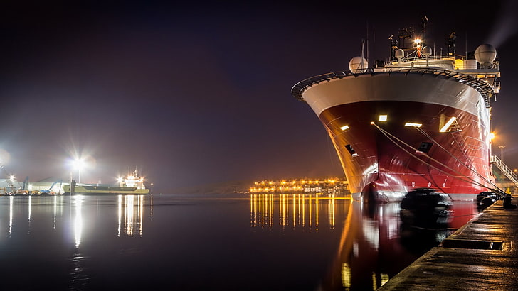ship, water, sea, dock, cityscape, night, lights, boat, reflection, HD wallpaper