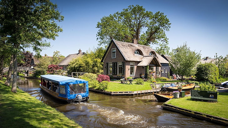 blue and gray boat, architecture, house, Netherlands, water, trees