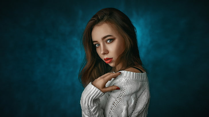 women, red nails, face, portrait, red lipstick, sweater, one person