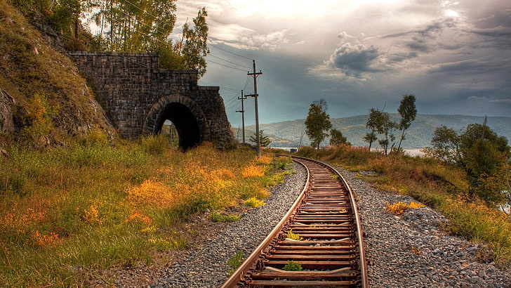 brown train rails, photography, railroad track, rail transportation