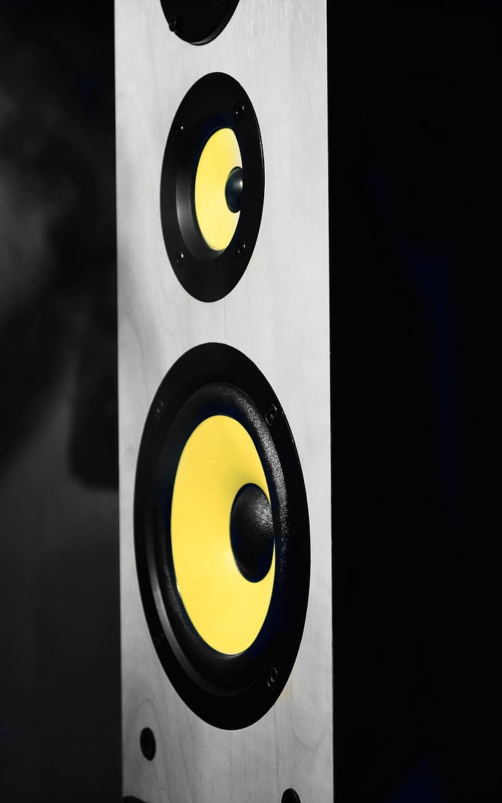 white wooden vehicle subwoofer, speaker, music, yellow, no people