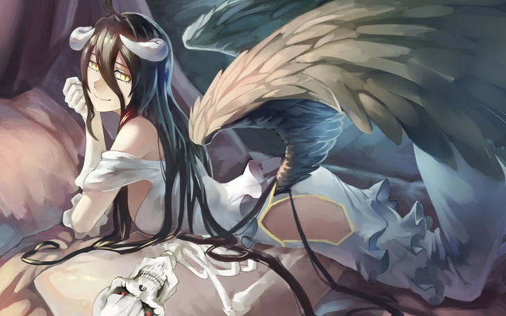wings, Overlord (anime), anime girls, long hair, horns, Albedo (OverLord), HD wallpaper