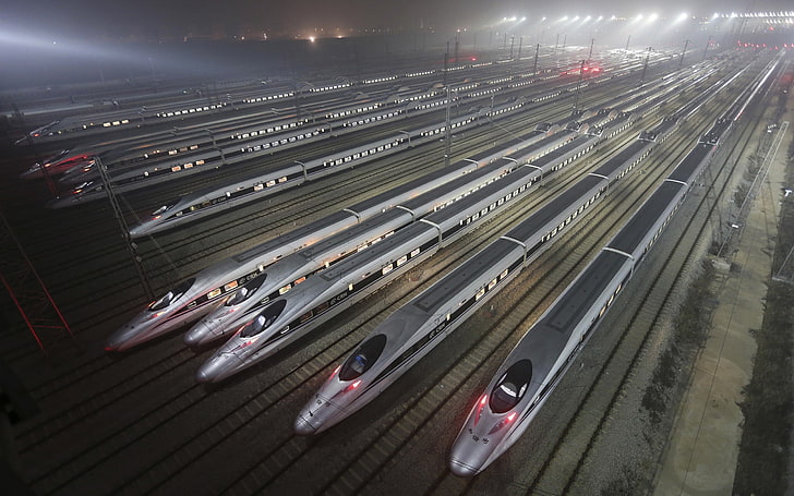 train lot, rail yard, night, lights, China, transport, mist, vehicle