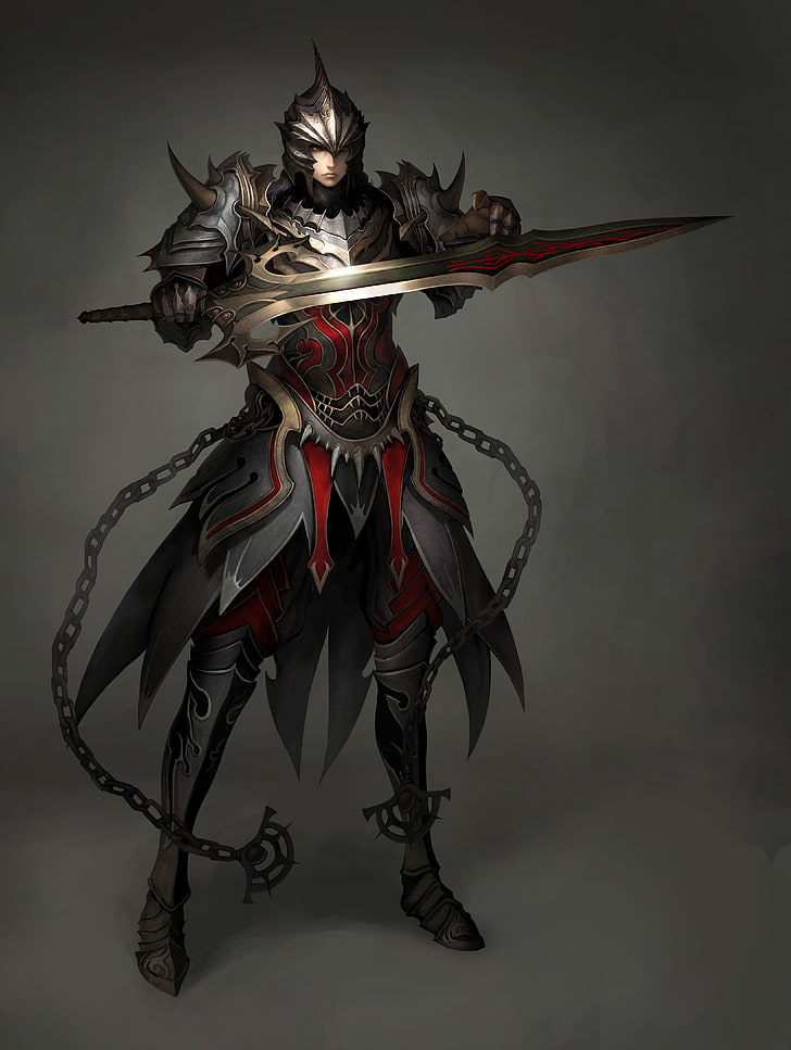 person wearing gray and red metal armor wallpaper, Atlantica Online, HD wallpaper