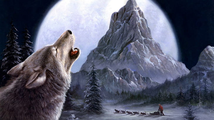 Wolf Mountain, dogs, snow, sled, howling, winter, moon, animals