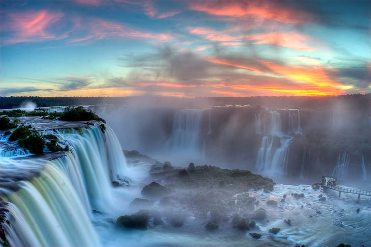 photography of waterfalls under orange and blue sky during sunset, HD wallpaper