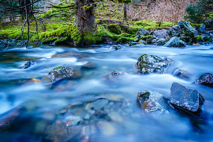 gray concrete stones on body of water, Rushing, Creek, Sony A6000, HD wallpaper