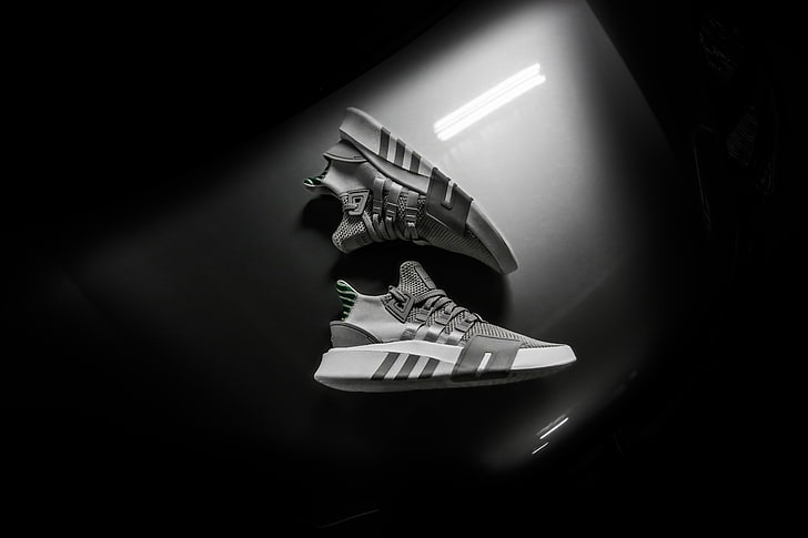 pair of gray adidas NMD shoes, sneakers, stylish, sports, bw, HD wallpaper