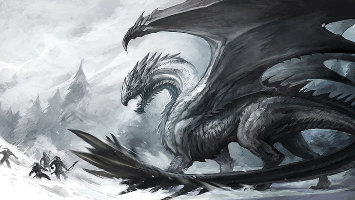 gray dragon illustration, fantasy art, snow, cold temperature
