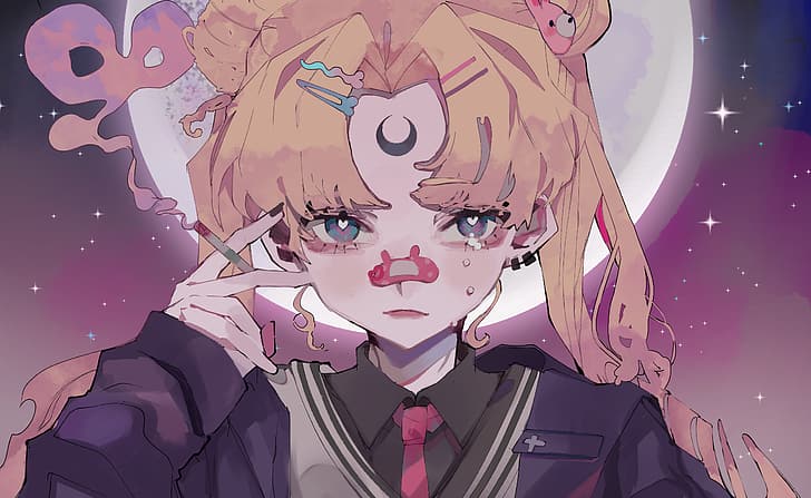Tsukino Usagi, Sailor Moon, portrait display, smoking, Retro style
