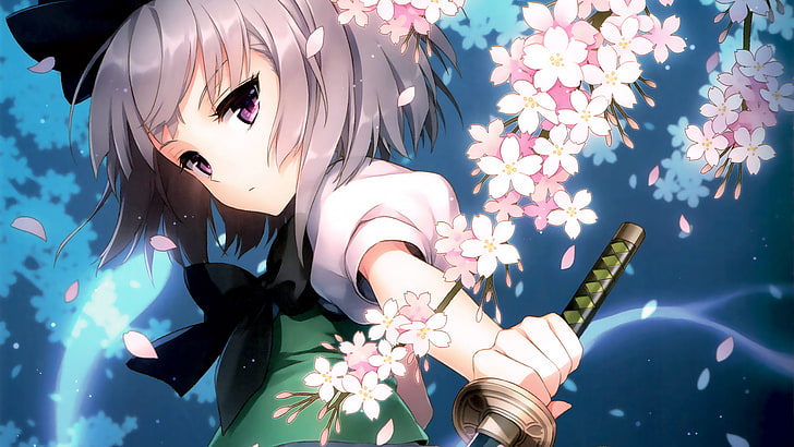 Touhou, an2a, Konpaku Youmu, flowers, cherry blossom, katana
