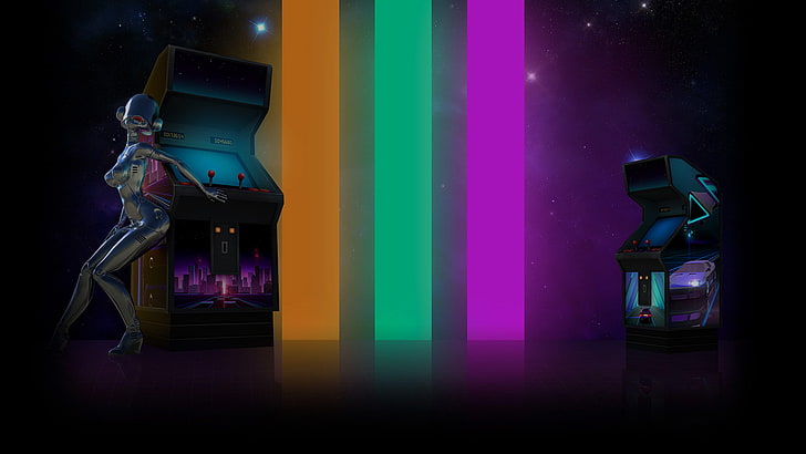 vaporwave, arcade machine, multi colored, night, illuminated