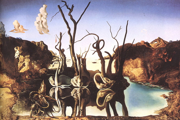 desert wallpaper, surrealism, picture, artist, swans, Salvador Dali