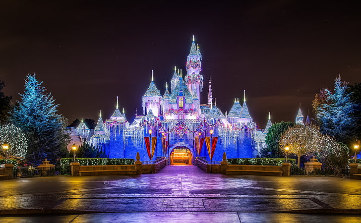 Castle, Christmas, blue, pink, and green castle, Holidays, Lights