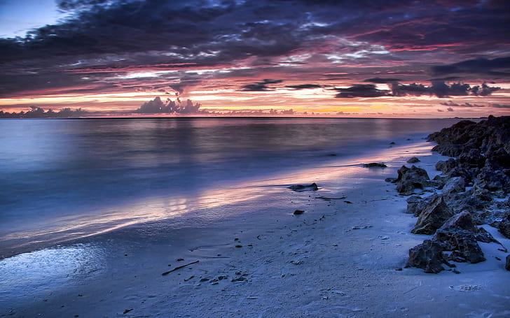 Nature, Sea, Sand, Beach, Rocks, Clouds, Sunset, Water, Reflection, Landscape, HD wallpaper
