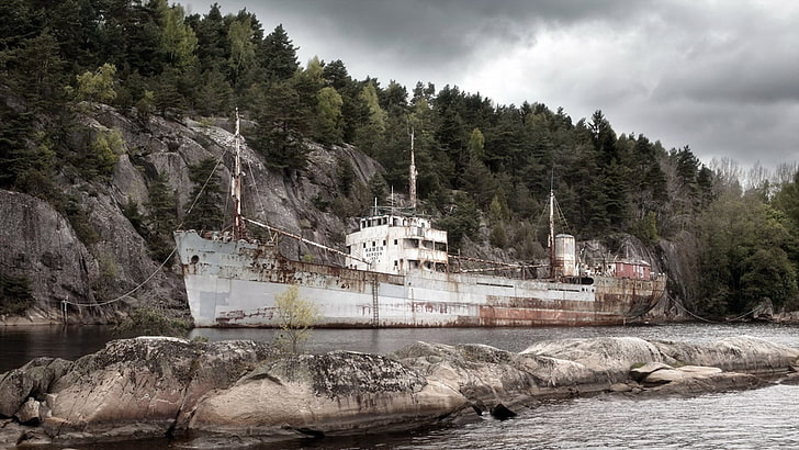 white ship near land, shipwreck, vehicle, water, tree, architecture