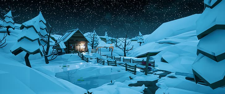 low poly, voxels, winter, snow, stars, cabin, digital, animation