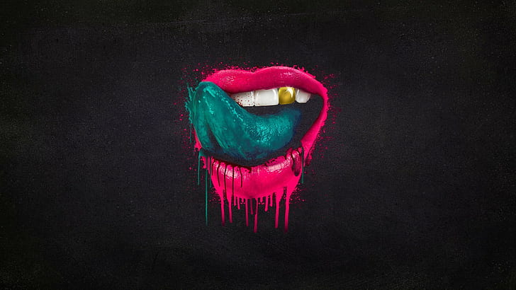 lips tongues teeth paint splatter dark background artwork, HD wallpaper
