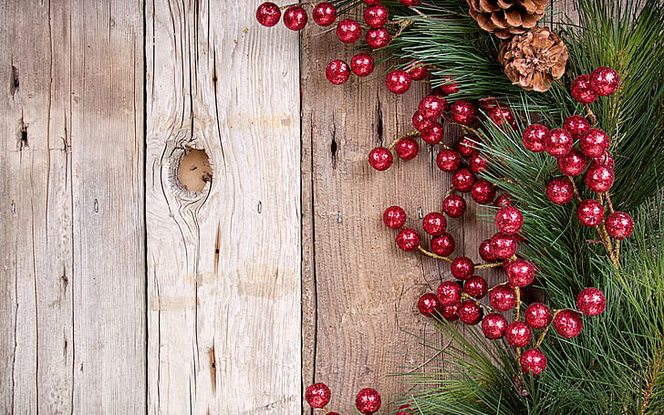 Branch, pine cones, red balls decoration, Christmas, New Year, HD wallpaper