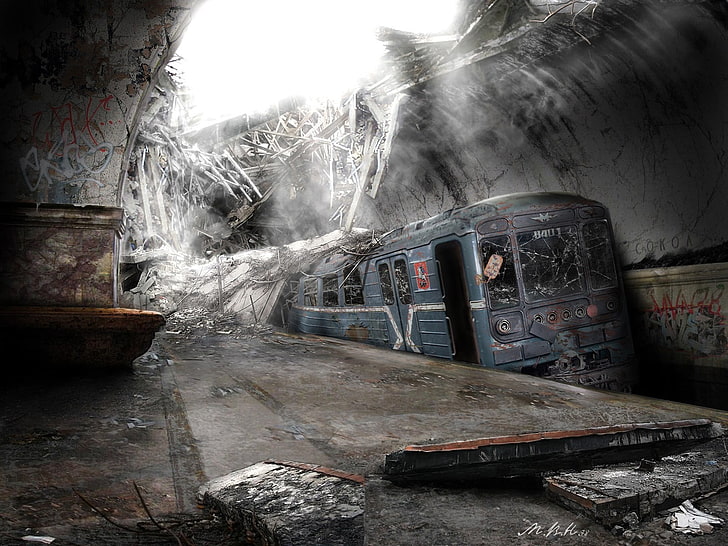 blue and gray metal train, subway, abandoned, dystopian, ruin