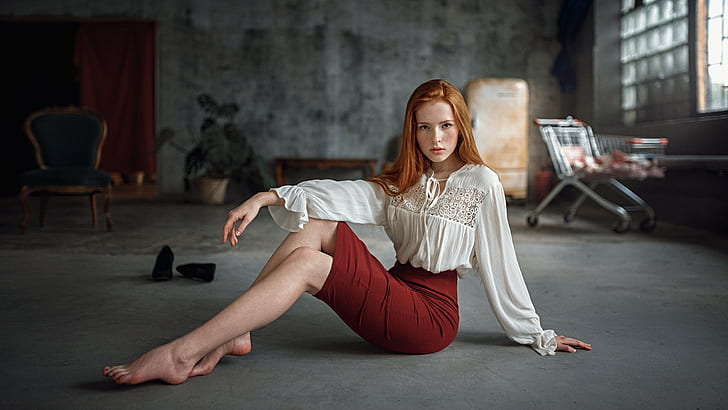 skirt, hips, women, redhead, white tops, Georgy Chernyadyev, HD wallpaper