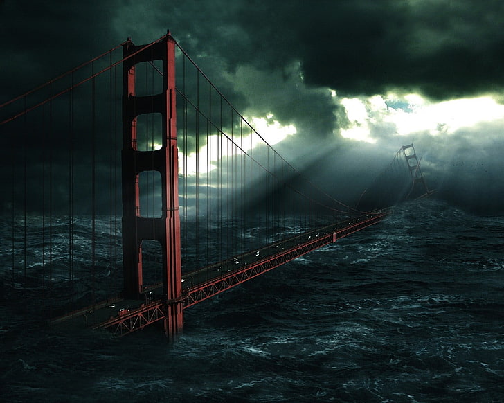Golden Gate Bridge, artwork, apocalyptic, digital art, water
