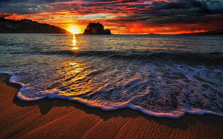 beach, sea, landscape, nature, sunset, HD wallpaper