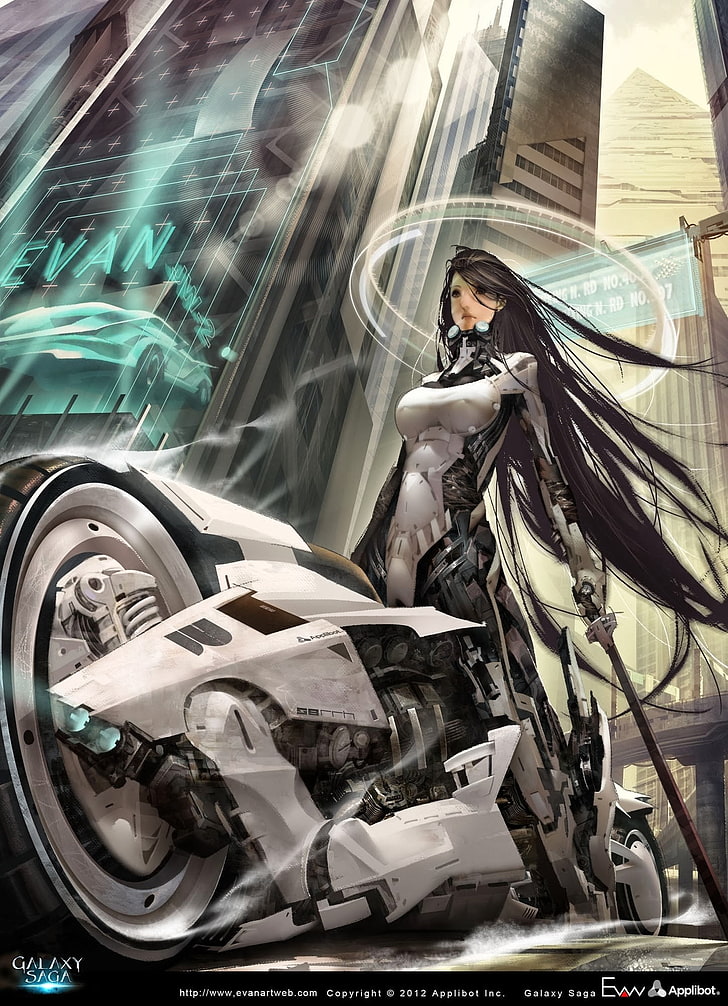 animated long black haired girl riding motorcycle digital wallpaper