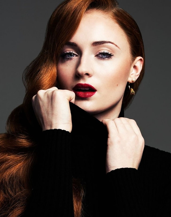 Sophie Turner, actress, blue eyes, redhead, earring, red lipstick