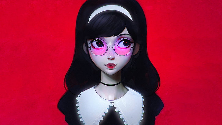 female character illustration, headband, red glasses, dark hair