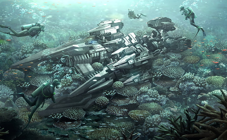 gray spaceship underwater illustration, artwork, divers, futuristic