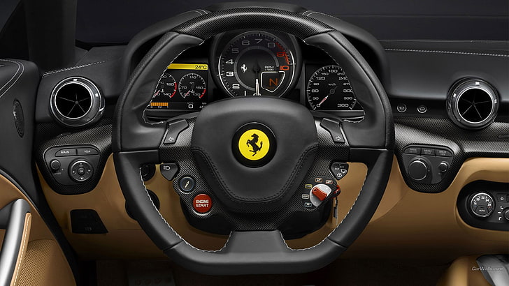 black Ferrari steering wheel, Ferrari F12, car, mode of transportation, HD wallpaper