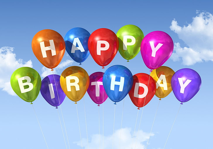 happy birthday, balloons, sky, clouds, Others, multi colored, HD wallpaper
