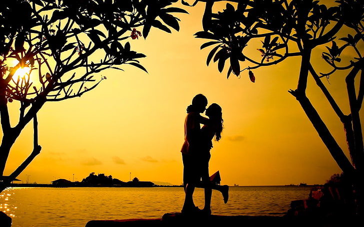 Sunset Hug Love Couple, silhouette of man and woman, tree, water