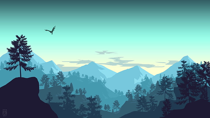 minimalistic landscape, mountains, forest, bird, sky, artwork