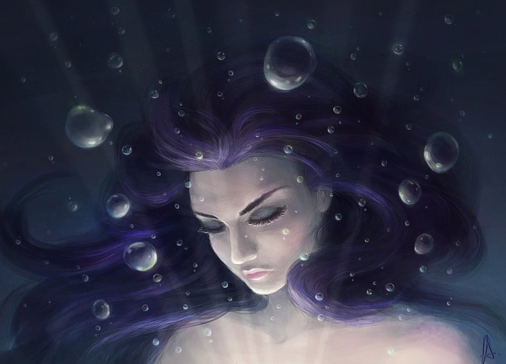 purple haired woman painting, girl, art, face, underwater, bubbles, HD wallpaper