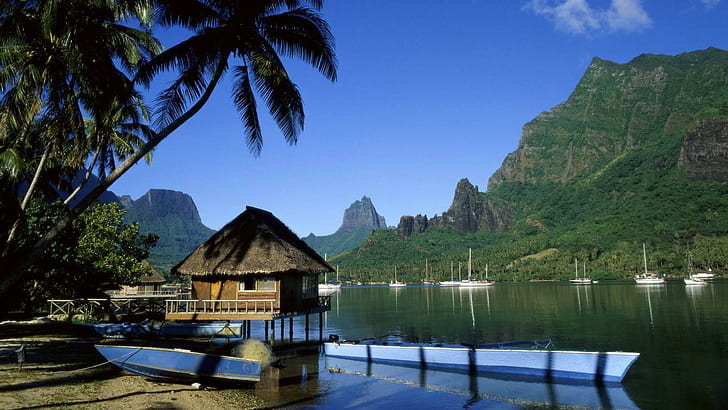 Cooks Bay Moorea Tahiti, beach, mountains, boats, bungalows, nature and landscapes, HD wallpaper