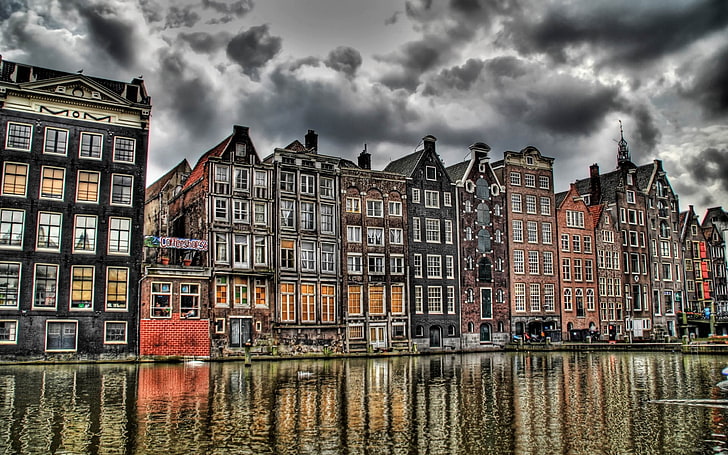Amsterdam, HDR, Europe, Netherlands, old building, canal, overcast, HD wallpaper