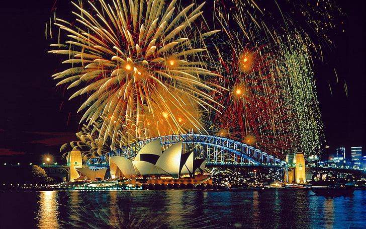 Sydney Opera House, bridge, sea, fireworks, illuminated, night