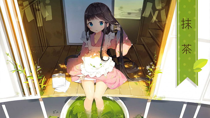 Lovely girl, green tea, anime, HD wallpaper