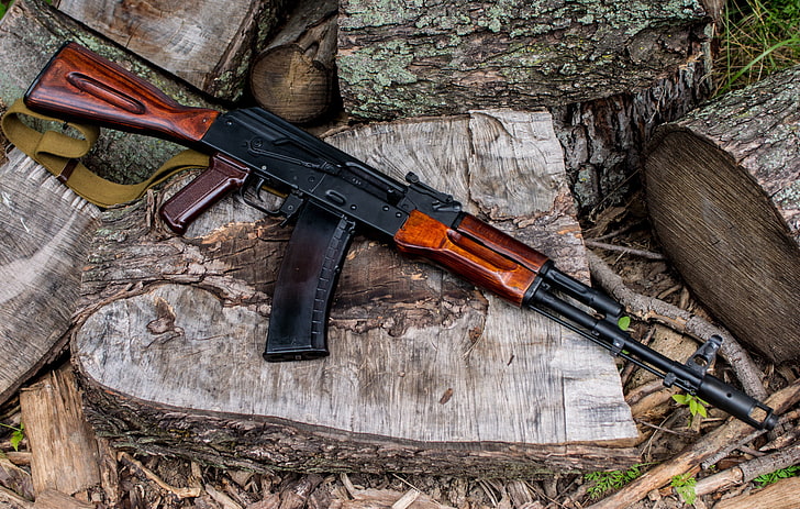 brown and black AK-47 riflke, weapons, background, machine, Kalashnikov, HD wallpaper